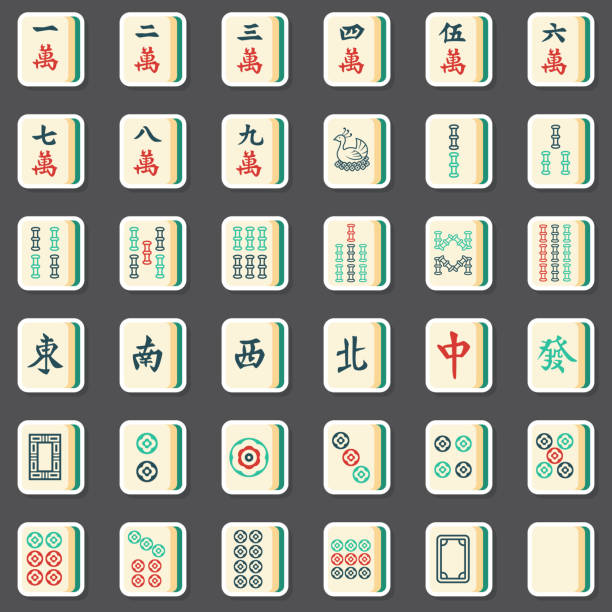 ilustraciones, imágenes clip art, dibujos animados e iconos de stock de mahjong azulejos conjunto de pegatinas - pájaro azulejo