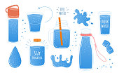 Doodle water. Cartoon glass and bottle for liquid. Blue drops or splashes. Isolated fitness drink containers collection. Vector clean recycled container set for beverages with letterings