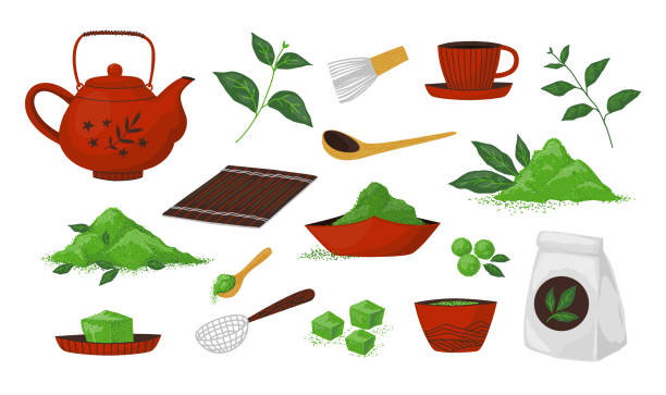 Matcha tea. Green Japanese kawaii elements. Powder for trendy drinks or delicious desserts. Teapot and cup. Asian culture collection. Whisk and spoons. Vector beverage ingredients set Matcha tea. Green Japanese kawaii elements. Natural powder for trendy drinks or delicious desserts. Isolated teapot and cup. Asian culture collection. Whisk and spoons. Vector beverage ingredients set green tea powder stock illustrations