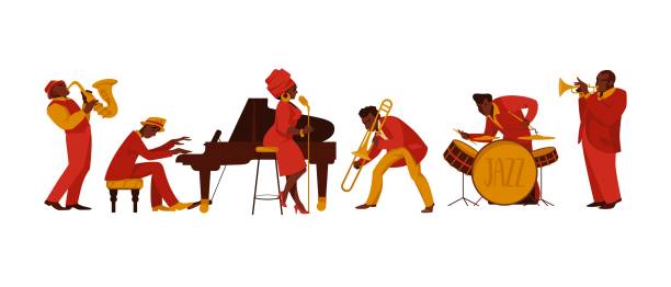 ilustrações, clipart, desenhos animados e ícones de músicos. pessoas de desenho animado com instrumentos musicais tocando melodia e se apresentando no palco. felizes músicos de jazz. violoncelo e violino artistas africanos. saxofonista vetorial ou baterista - blues saxophone jazz musical instrument