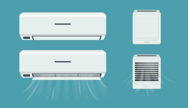 istock Air conditioner and breather. Cold flow from climate control equipment. Office and home purifier with cool breeze. Household conditioning appliances set. Vector indoor split system 1328915109