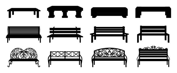 illustrations, cliparts, dessins animés et icônes de silhouette de banc. chaise de rue en bois noir et en osier. collection de mobilier récréatif de parc isolé. siège extérieur avec dossier décoratif en métal. éléments de paysage. ensemble d’icônes assises vectorielles - bench park park bench silhouette