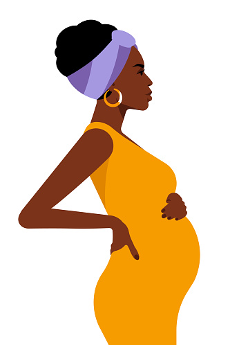 Pregnant woman with her tummy. Realistic female portrait - beautiful face, hairstyle, african-american ethnicity. Beauty dressed in vivid clothes, touching the belly. Side view. Perfect vector.