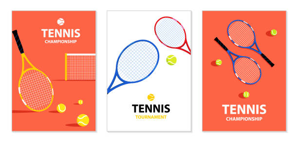 illustrations, cliparts, dessins animés et icônes de affiches de tournois de tennis. raquettes de tennis et balle. - amateur tennis