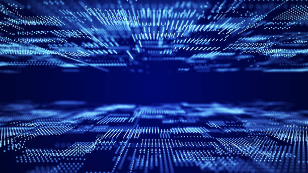 istock Digital background with moving glowing particles. Futuristic hi-tech illustration. Concept of data transfer in cyberspace. Big data visualization. 3d rendering. 1328917467