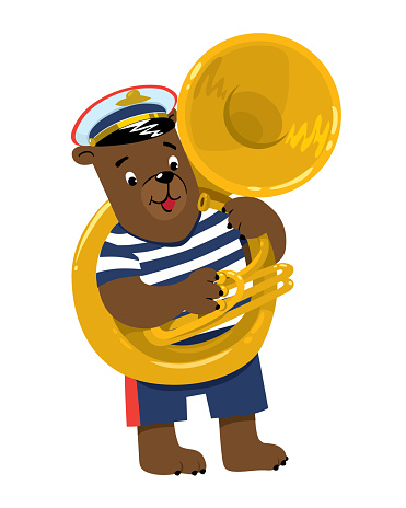Bear in marine hat and vest plays sousaphone. Funny brass band of animals. Music marine band. Children vector illustration