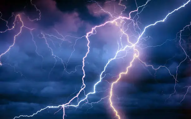 Thunder, lightnings and rain during summer storm at night.