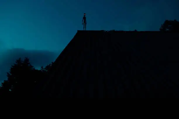 Sci-fi concept illustration. Extraterrestrial black silhouette with glowing eyes standing on barn or house roof during night time in front of the blue sky