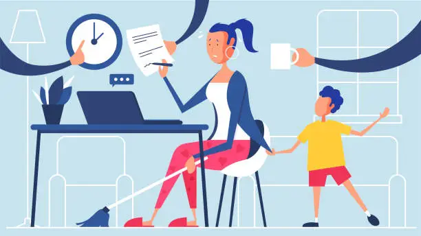 Vector illustration of Busy mother working from home