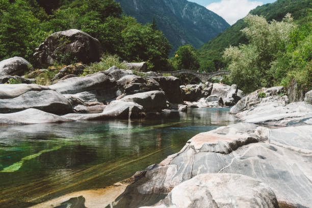 un fiume in un paesaggio di montagna con boschi e cime