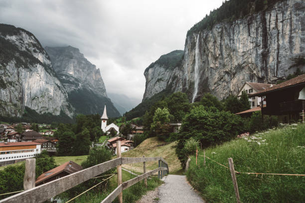 active summer destination, the alps - jungfrau waterfall tree nature imagens e fotografias de stock