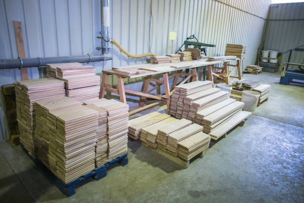 istock wood processing factory products stored in large warehouse 1328929573