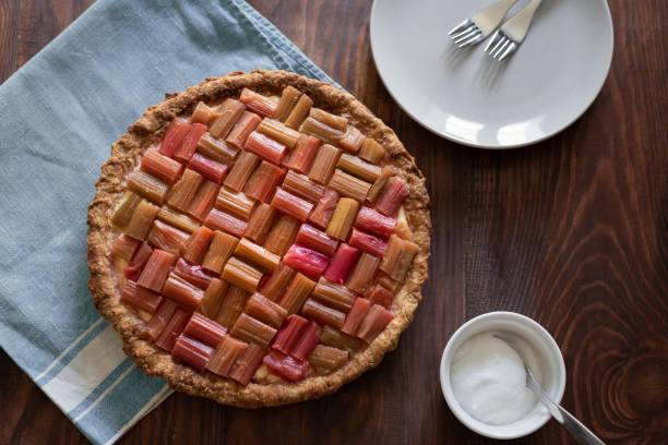 Homemade rhubarb and custard pie in lattice design in Montpellier, Occitanie, France