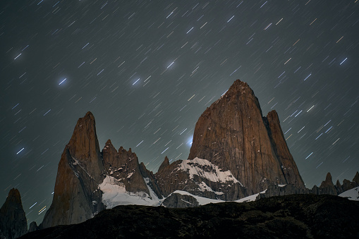 night of stars in the Fitz Roy hill in Patagonia Argentina in El Chaltén, Santa Cruz Province, Argentina