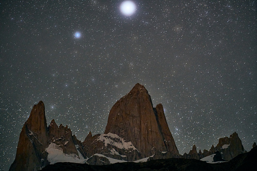 night of stars in the Fitz Roy hill in Patagonia Argentina in El Chaltén, Santa Cruz Province, Argentina