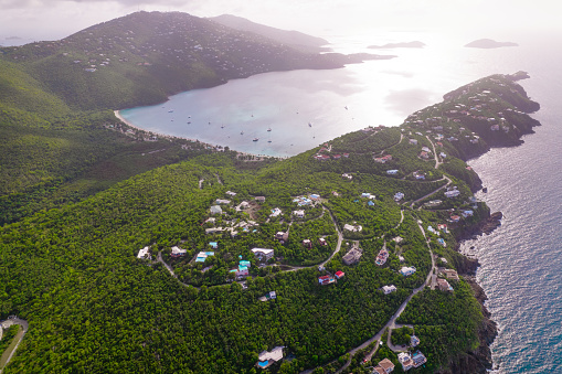 Aerial over homes overlooking Magens Bay in St. Thomas