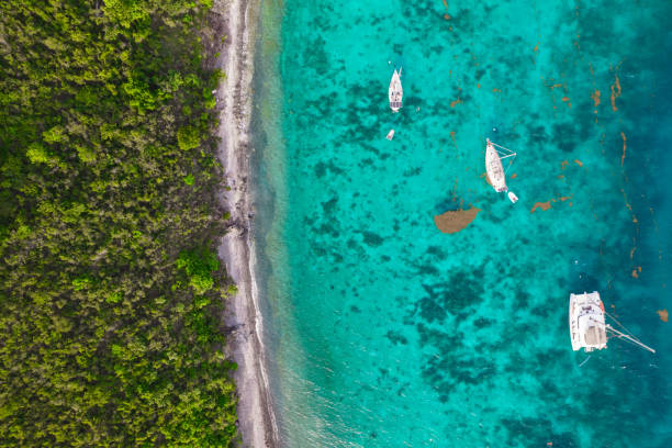 istock Aerial over sailboat along coastline 1328931677