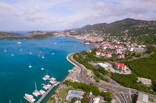 Nassau, Bahamas- December 28,2021: The drone aerial view of Paradise Island and Nassau port, Bahamas.