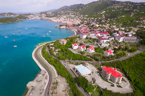 Aerial over downtown Charlotte Amalie, St. Thomas, U.S. Virgin Islands