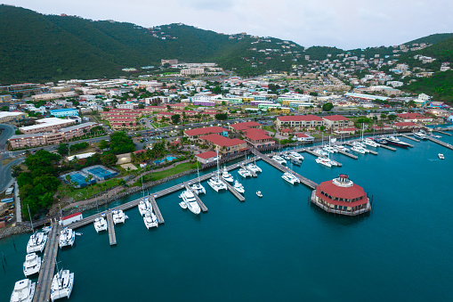 Aerial over downtown Charlotte Amalie, St. Thomas, U.S. Virgin Islands