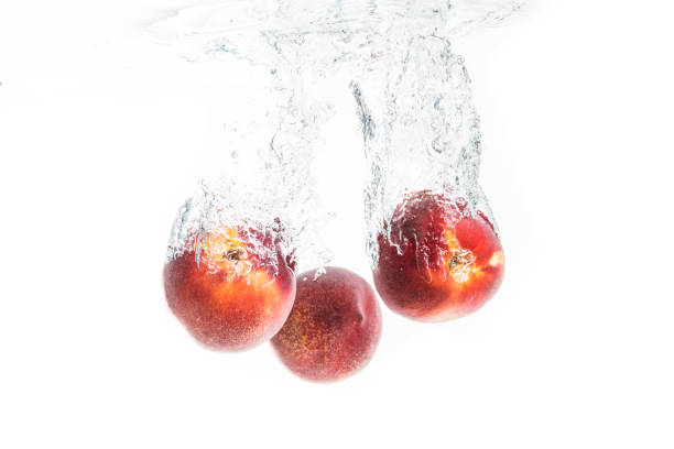 Nectarine fruits splashing into water and sinking