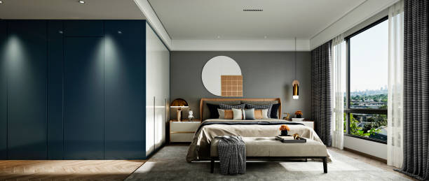 3d render of luxury hotel room - hotel room bedroom hotel contemporary imagens e fotografias de stock