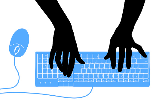 Black silhouette of female hands with a blue computer keyboard and computer mouse. Vector illustration