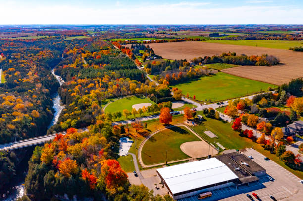 istock Aerial Grand River view and townscape, Elora, Canada 1328942525