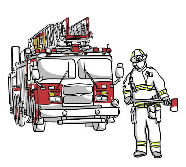 Vector illustration of Fire Engine And Fireman