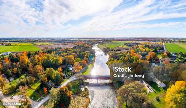 Aerial West Montrose Covered Bridge And Grand River Near Kitchener West Montrose Canada Kissing Bridge Stock Photo - Download Image Now