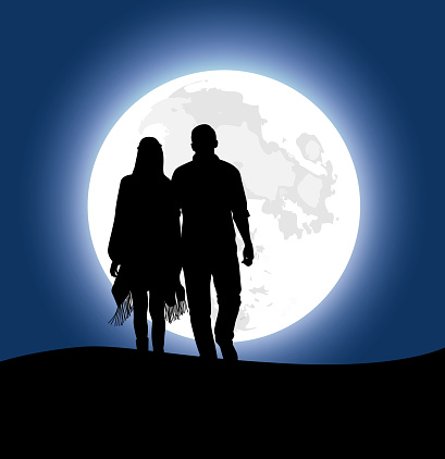 Silhouette illustration. Couple walking hand in hand at night time  with huge moonlight background