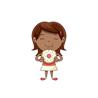 Girl eating donut, hungry happy child, cute, kid, fast food, one, young, woman, person, cartoon character, female, smiling, pretty, vector illustration, isolated, white background