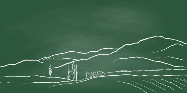 Mountain Landscape Scene Chalkboard Minimalist style illustration.  Sketch of agricultural fields and rolling hills in the background. hill illustrations stock illustrations