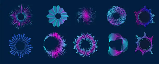 Vector illustration of Radial sound wave curve with light particles. Circle audio waves. Neon round music soundwave for equalizer. Multicolor audio lines cliparts collection. Soundwaves, radio frequency. Vector illustration