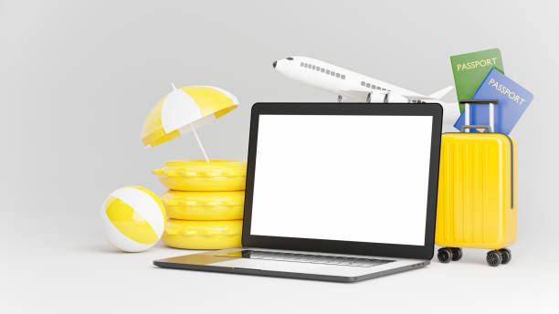 istock laptop with summer tourism concept for product display 1328954409