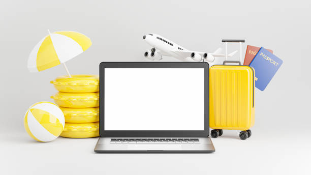 istock laptop with summer tourism concept for product display 1328954412