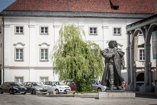 Picture of a statue of France Preseren in downtown Kranj, Slovenia. France Preseren was a 19th-century Romantic[4] Slovene poet