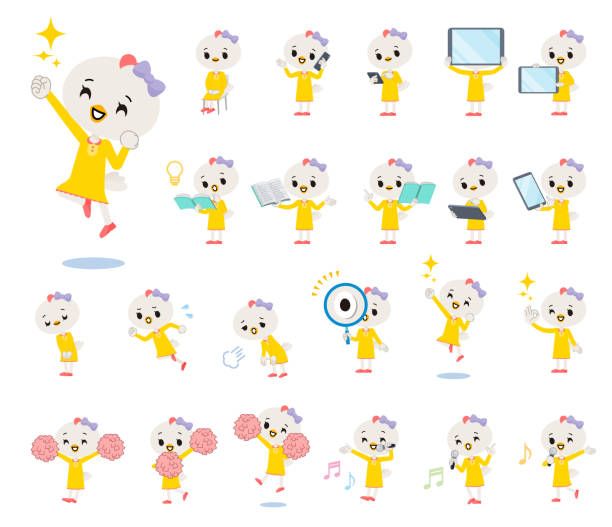 ilustraciones, imágenes clip art, dibujos animados e iconos de stock de un conjunto de bird girl con equipos digitales como smartphones - animal cute exhaustion technology