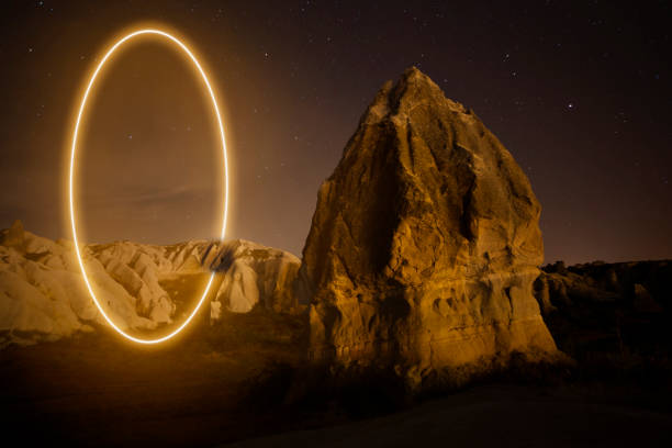 istock Cappadocia fairy chimneys circular neon light at night 1328963344