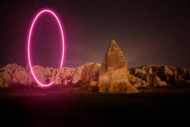 istock Cappadocia fairy chimneys circular neon light at night 1328963345