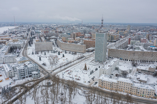 Arkhangelsk, Russia - January 1, 2021: Winter landscape, top view of the city.