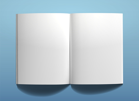 A4 spread template vector illustration. White page notepad with realistic light and shadow. Sketchpad mockup on blue background. Blank clear paper. Magazine model.