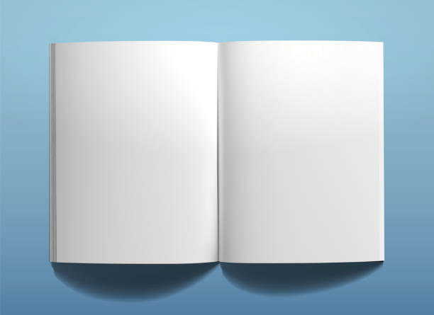 Notepad Magazine Template Spread Blank Page Vector A4 spread template vector illustration. White page notepad with realistic light and shadow. Sketchpad mockup on blue background. Blank clear paper. Magazine model. spreading stock illustrations