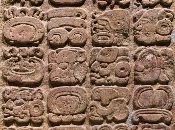 Mayan Alphabet. Close up of hieroglyph or glyph writing system found in Copan (Honduras), Tikal (Guatemala) and Chichen Itza, Palenque, Uxmal, Yaxchilan, Bonampak (Mexico).