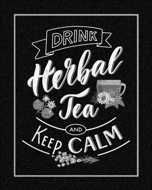 ilustraciones, imágenes clip art, dibujos animados e iconos de stock de cartel de color vertical con letras drink herbal tea y keep calm sobre el fondo blanco. - chamomile plant glass nature flower