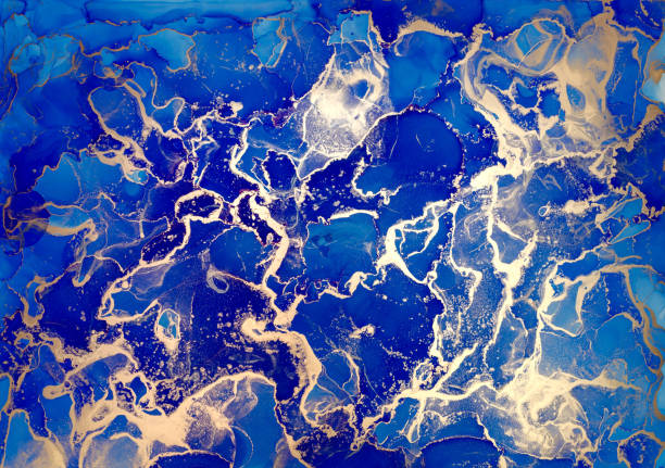istock Blue and golden alcohol ink splash, liquid flow texture paint, luxury abstract digital paper fine art pattern, wallpaper. 1328976098