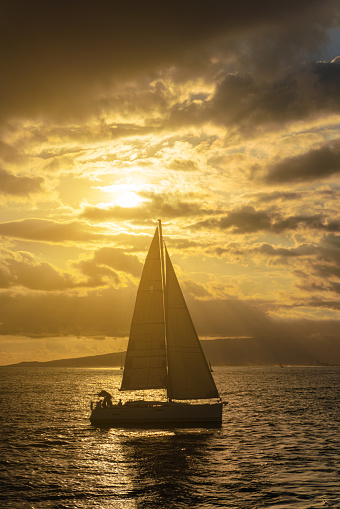 Sailboats in Oahu, Hawaii sunset