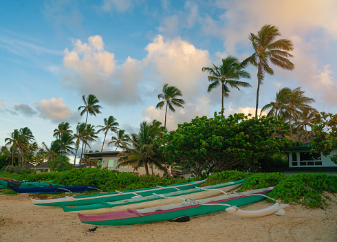 Hawaiian canoes moored at Lanikai Beach in Hawaii