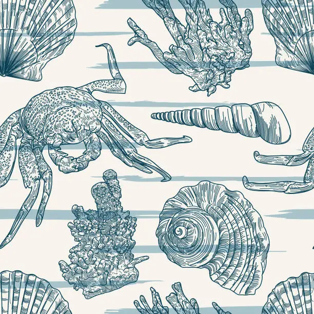 Vector illustration of Coastal Nautical Beach Seamless Pattern with Crab, Shells and Coral