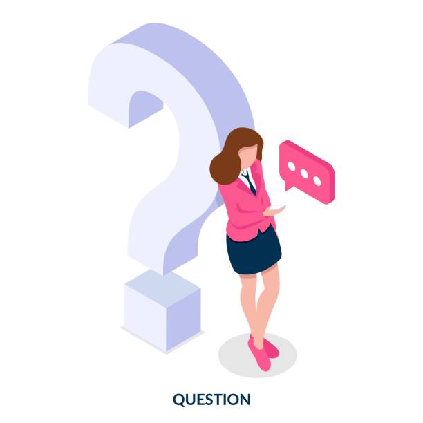 Concept of the question.  Isometric vector illustration on white background. A girl stands near a large question mark and looks for answers on the internet. isometric question mark stock illustrations